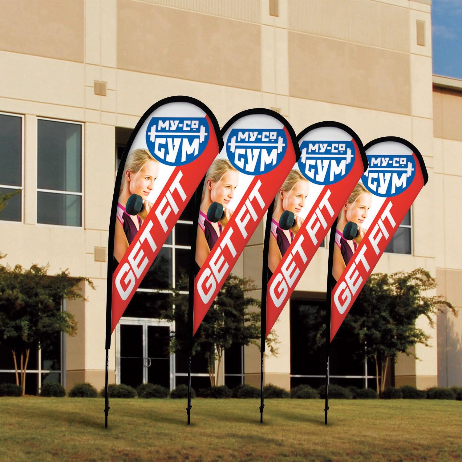 Several banners in front of a building with medium confidence